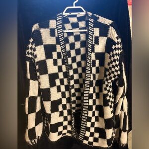 Black and White Checkered Knit Cardigan